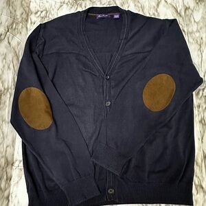 Alan Flusser Dark Blue Cardigan with Tan Elbow Patches Cabincore Oversized Cozy